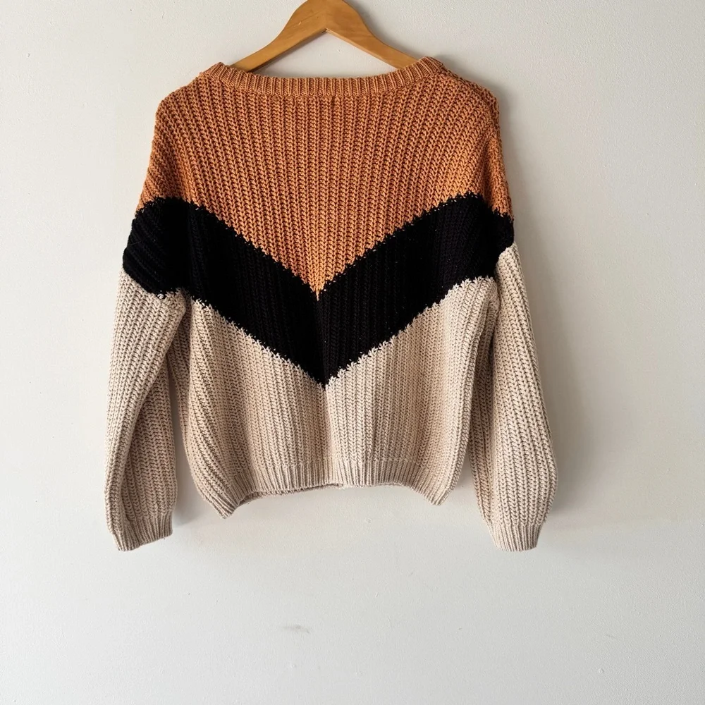 Lulu’s - Autumn Leaves Chevron Stripe Knit Sweater in Tan Multi - Picture 2 of 5